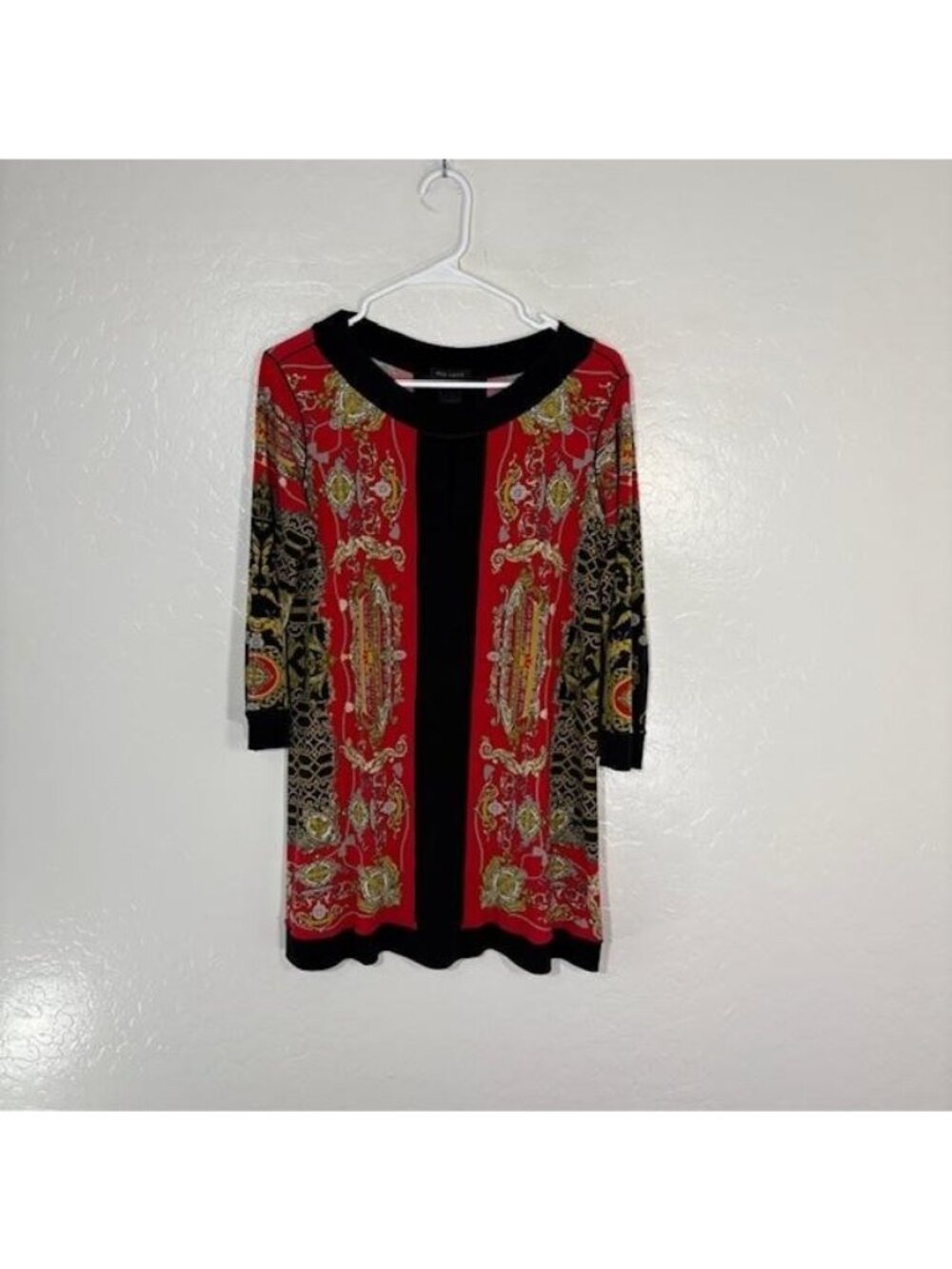 Eva Varro Shift Dress Womens Medium Large Red Baroque Scarf Print 3/4 Sleeve
